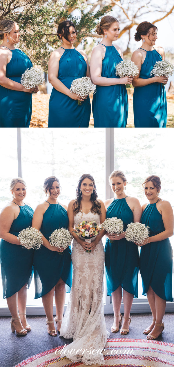 Ice Blue Halter Sheath Knee Length High Low Bridesmaid Dresses, CB0025 Ice Blue Halter Sheath Knee Length High Low Bridesmaid Dresses, CB0025