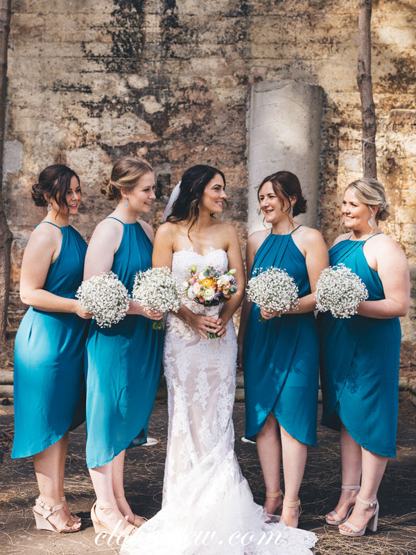 Ice Blue Halter Sheath Knee Length High Low Bridesmaid Dresses, CB0025 Ice Blue Halter Sheath Knee Length High Low Bridesmaid Dresses, CB0025
