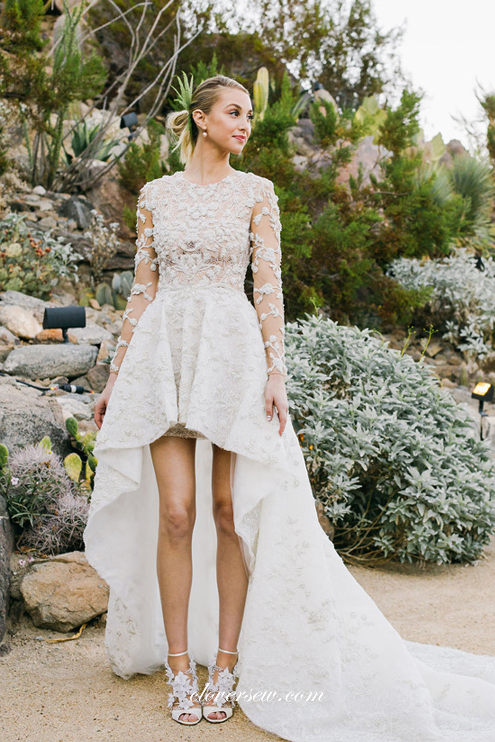 Illusion Gorgeous Beaded Lace Long Sleeves High Low Wedding Dresses, C clover sew Illusion Gorgeous Beaded Lace Long Sleeves High Low Wedding Dresses, C clover sew