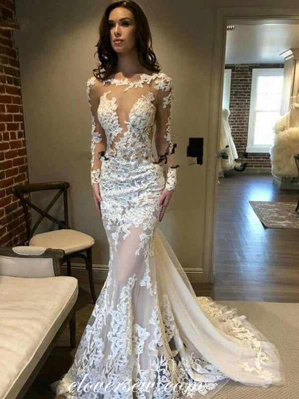 Illusion Lace Applique Long Sleeves Mermaid Wedding Dresses, CW0233