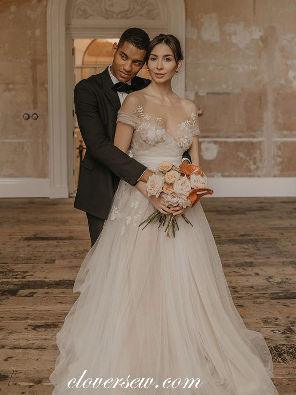 Illusion Neck Short Sleeves Tulle Applique A-line Elegant Wedding Dres clover sew Illusion Neck Short Sleeves Tulle Applique A-line Elegant Wedding Dres clover sew