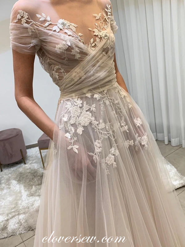 Illusion Neck Short Sleeves Tulle Applique Fashion Wedding Dresses,CW0160