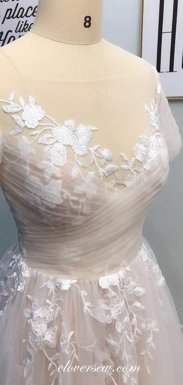 Illusion Neck Short Sleeves Tulle Applique Fashion Wedding Dresses,CW0160