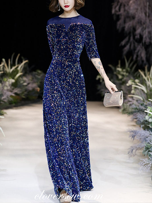 Illusion Neckline Half Sleeves Sequin Column Prom Dresses,CP0446
