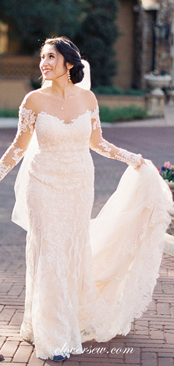 Illusion Round Neck Long Sleeves Lace Column With Train Wedding Dresse clover sew Illusion Round Neck Long Sleeves Lace Column With Train Wedding Dresse clover sew