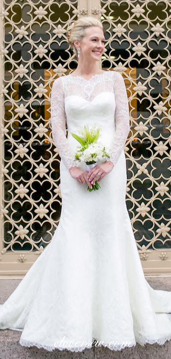 Illusion Sweetheart Lace Neck Long Sleeves Mermaid Vintage Wedding Dresses , CW0045
