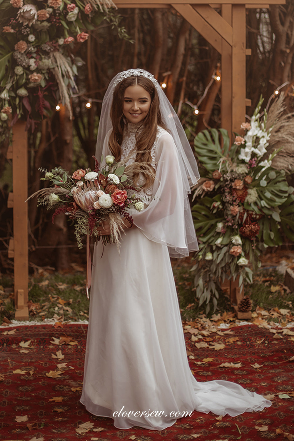 Ivory Chiffon Lace High Neck Long Sleeves Two Piece Wedding Dresses, C clover sew Ivory Chiffon Lace High Neck Long Sleeves Two Piece Wedding Dresses, C clover sew