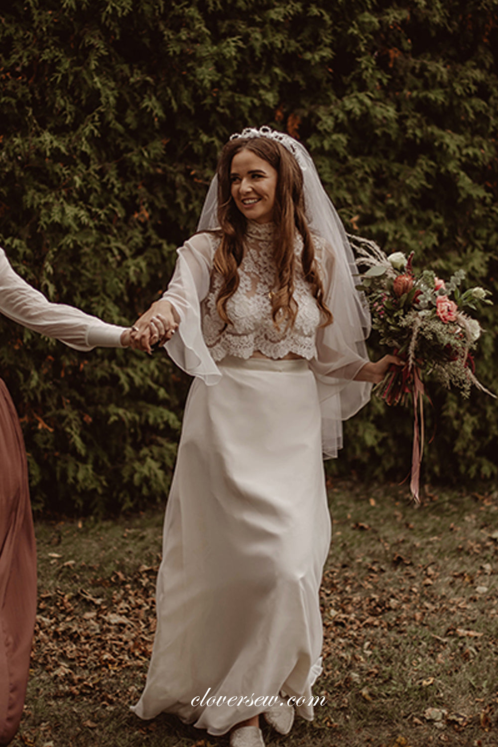 Ivory Chiffon Lace High Neck Long Sleeves Two Piece Wedding Dresses, C clover sew Ivory Chiffon Lace High Neck Long Sleeves Two Piece Wedding Dresses, C clover sew