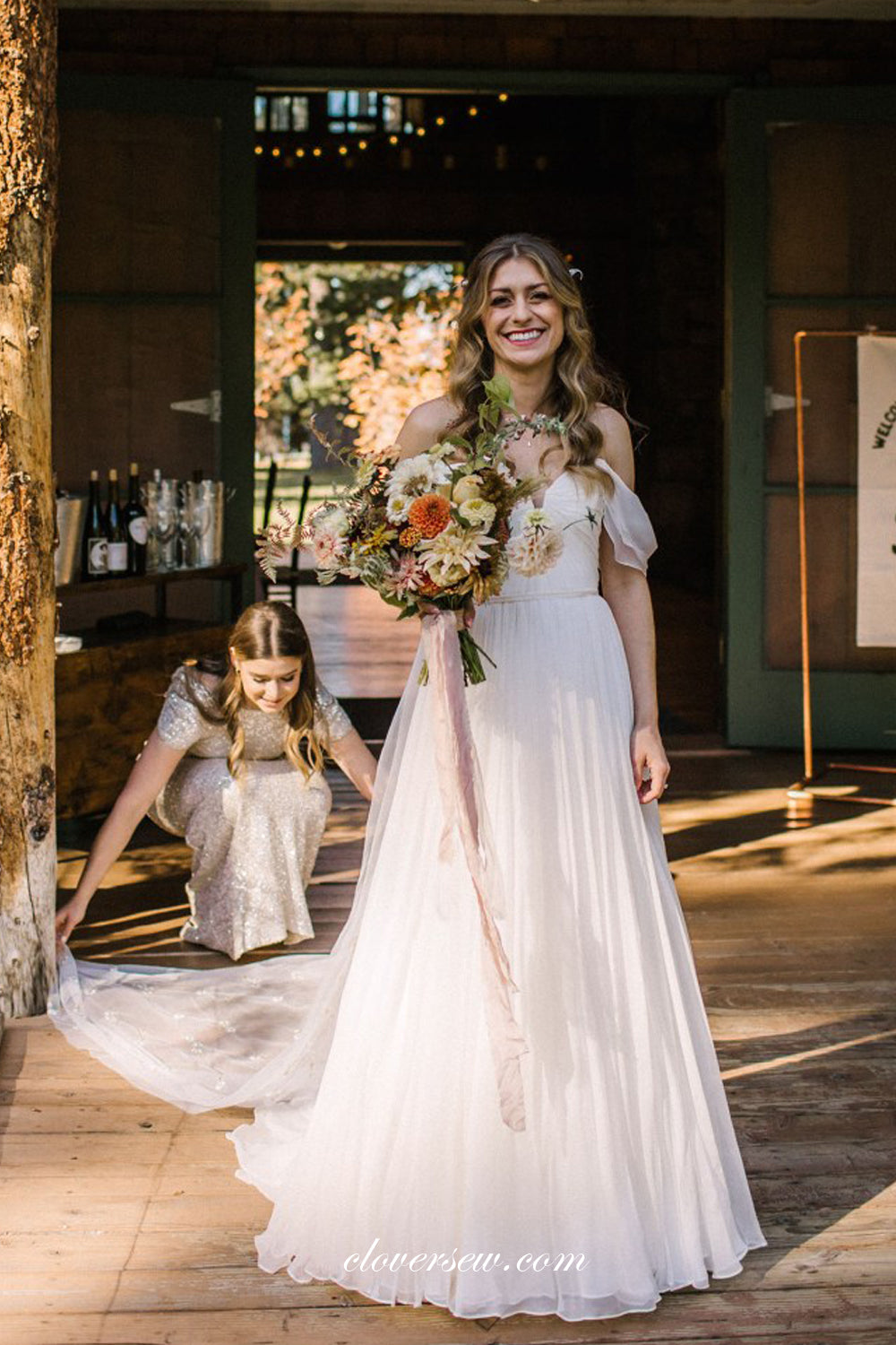 Ivory Chiffon Off The Shoulder With Floral Veil Simple Wedding Dresses, CW0352