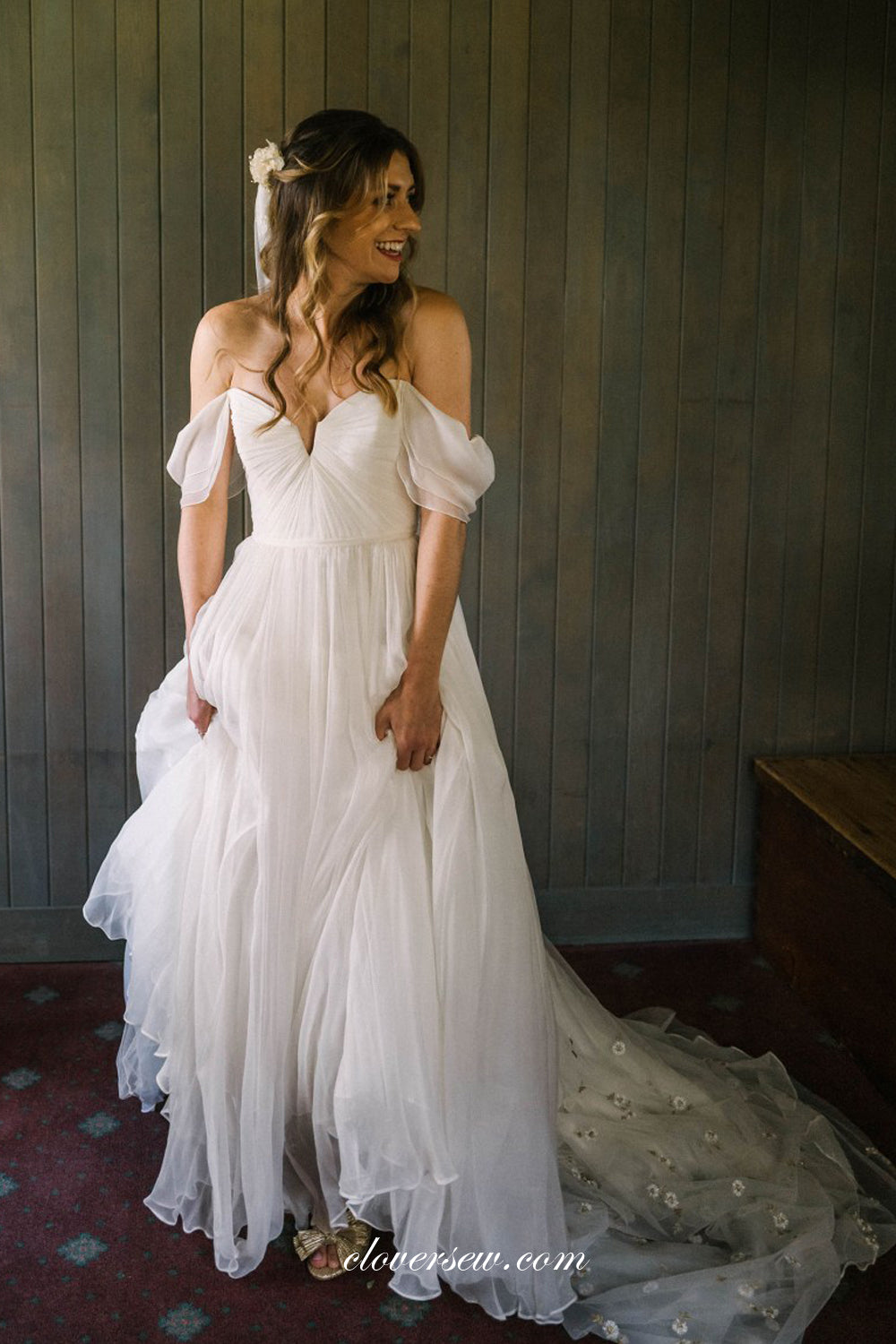 Ivory Chiffon Off The Shoulder With Floral Veil Simple Wedding Dresses clover sew Ivory Chiffon Off The Shoulder With Floral Veil Simple Wedding Dresses clover sew
