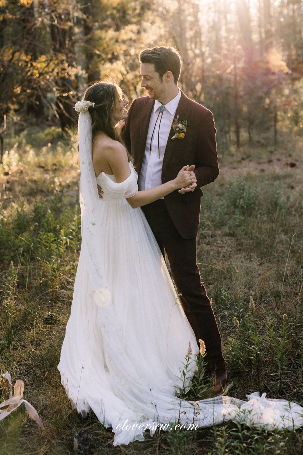 Ivory Chiffon Off The Shoulder With Floral Veil Simple Wedding Dresses, CW0352