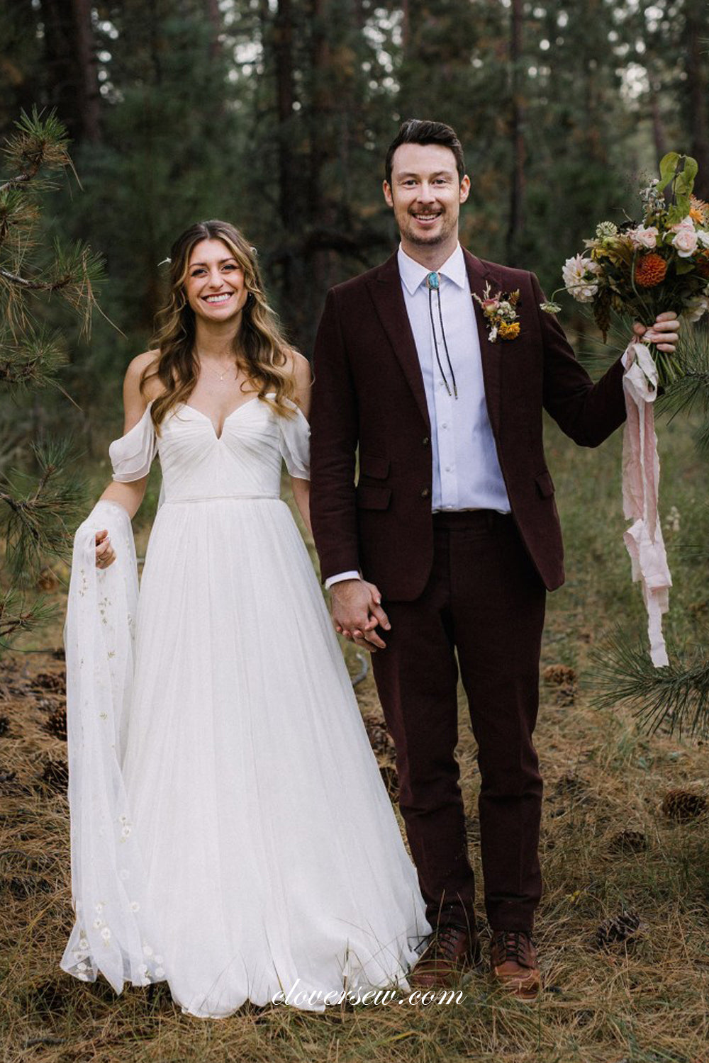 Ivory Chiffon Off The Shoulder With Floral Veil Simple Wedding Dresses, CW0352