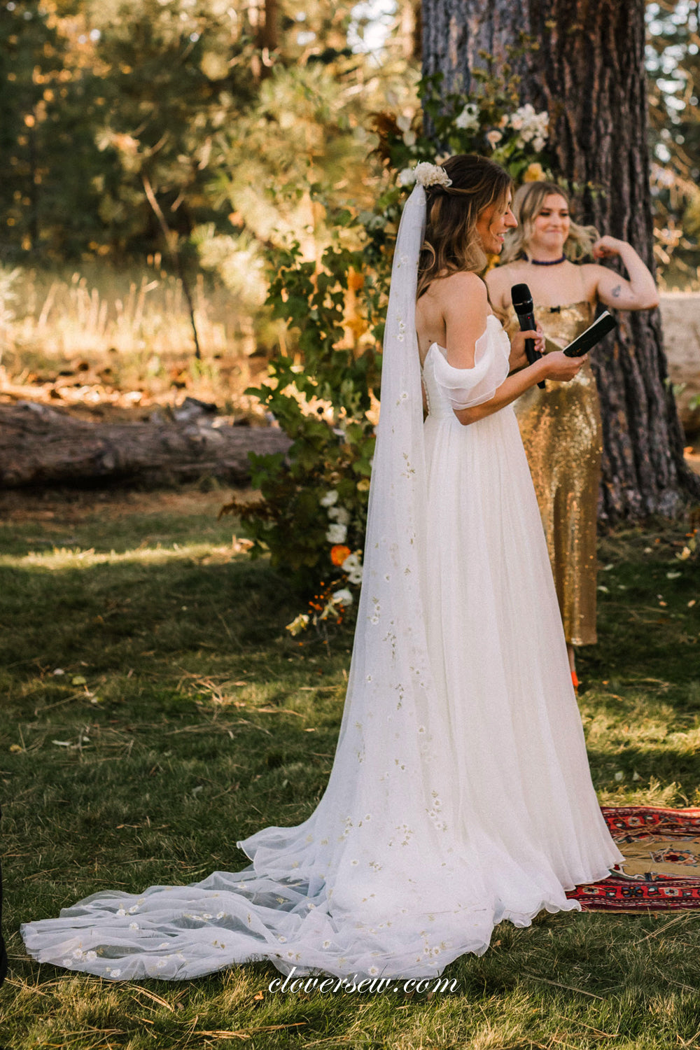 Ivory Chiffon Off The Shoulder With Floral Veil Simple Wedding Dresses, CW0352