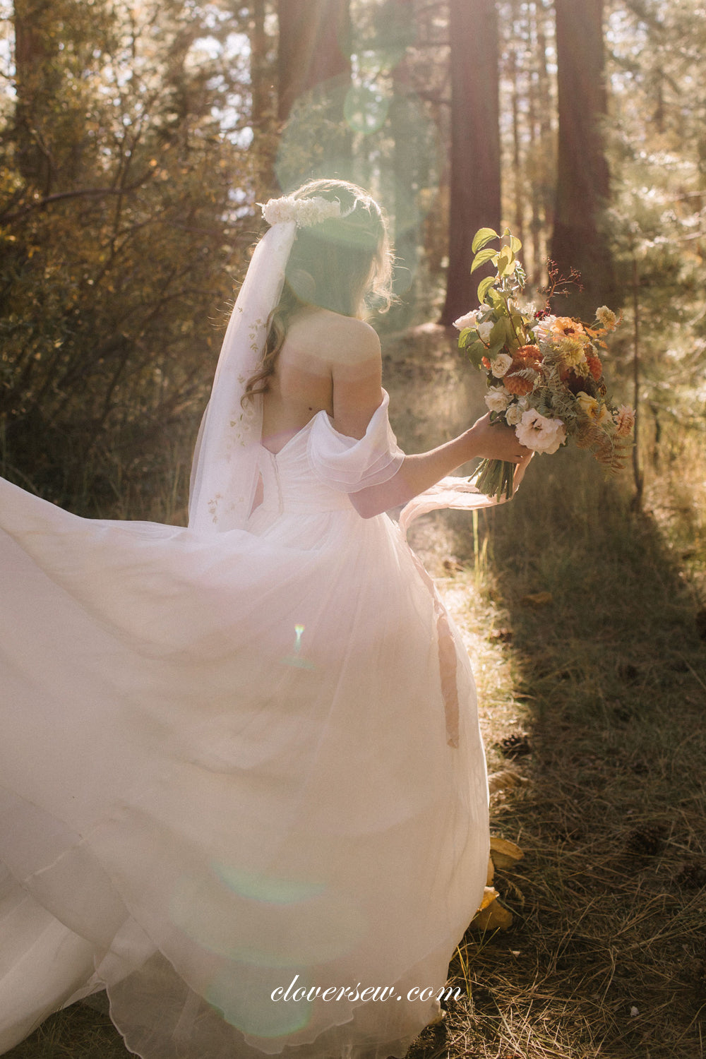 Ivory Chiffon Off The Shoulder With Floral Veil Simple Wedding Dresses, CW0352