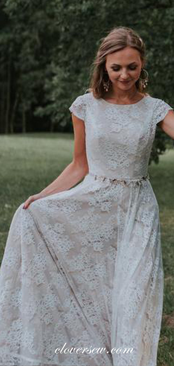 Ivory Lace Cap Sleeves V-back A-line Country Wedding Dresses,CW0153