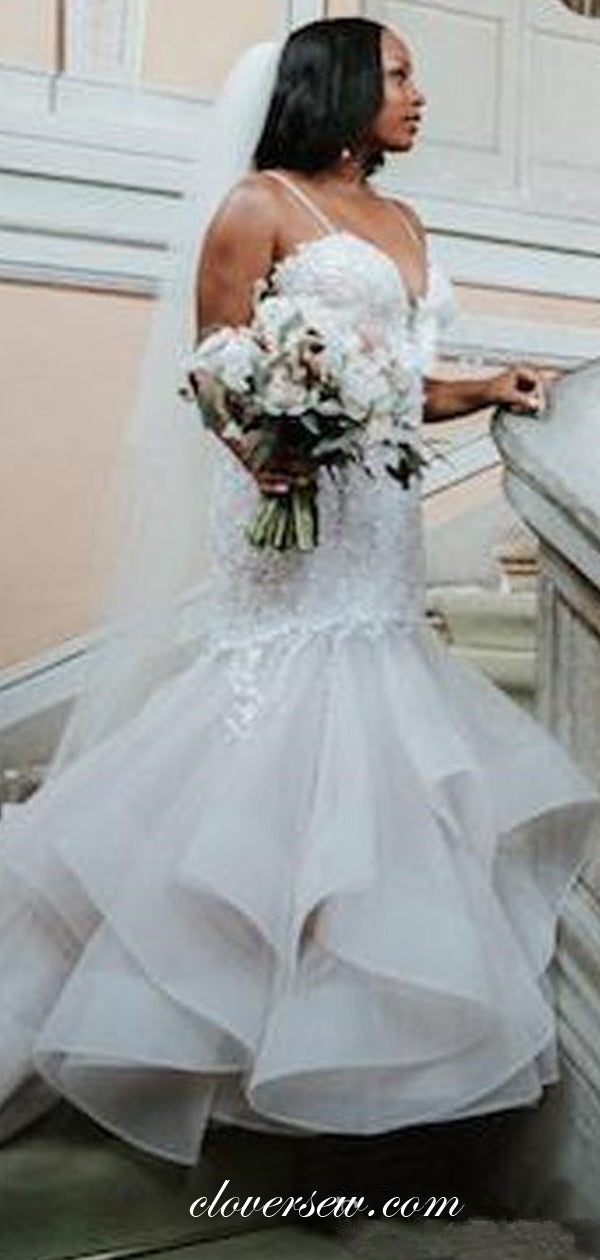 Ivory Organza Lace Spaghetti Strap Mermaid Wedding Dresses,CW0147