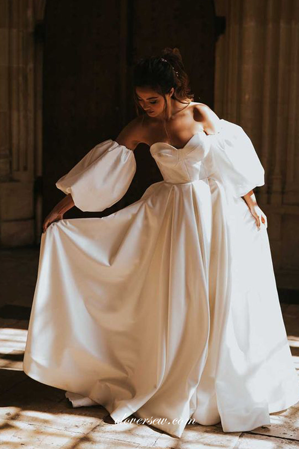 Ivory Satin Convertible Lantern Sleeves A-line Wedding Dresses, CW0287