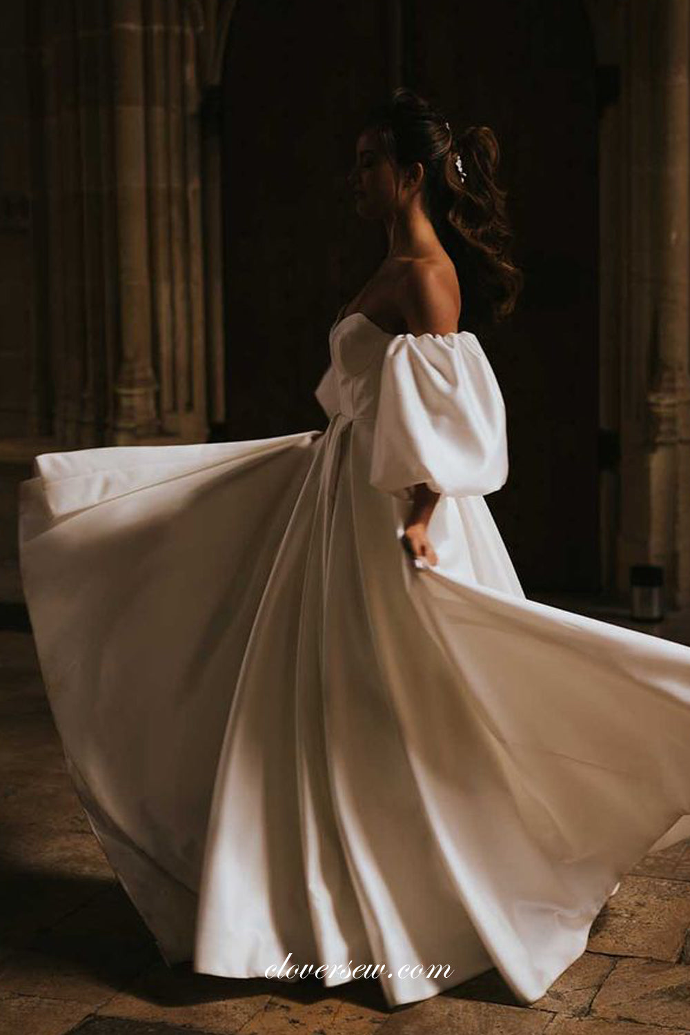 Ivory Satin Convertible Lantern Sleeves A-line Wedding Dresses, CW0287 Ivory Satin Convertible Lantern Sleeves A-line Wedding Dresses, CW0287