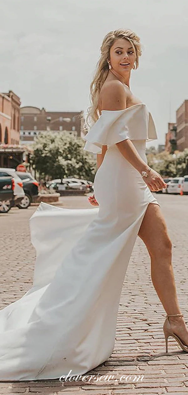 Ivory Satin Off The Shoulder With Slit Sheath Wedding Dresses,CW0142 clover sew Ivory Satin Off The Shoulder With Slit Sheath Wedding Dresses,CW0142 clover sew