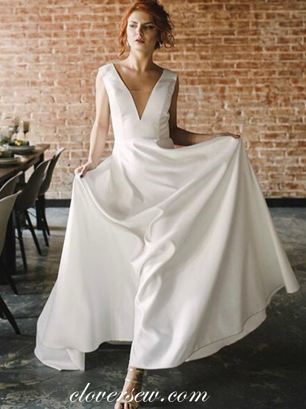 Ivory Satin V-neck V-back Sleeveless A-line Wedding Dresses ,CW0137