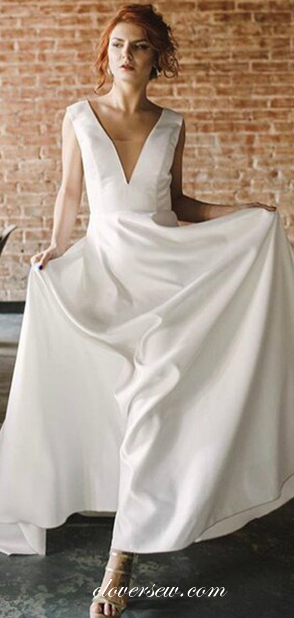Ivory Satin V-neck V-back Sleeveless A-line Wedding Dresses ,CW0137 clover sew Ivory Satin V-neck V-back Sleeveless A-line Wedding Dresses ,CW0137 clover sew