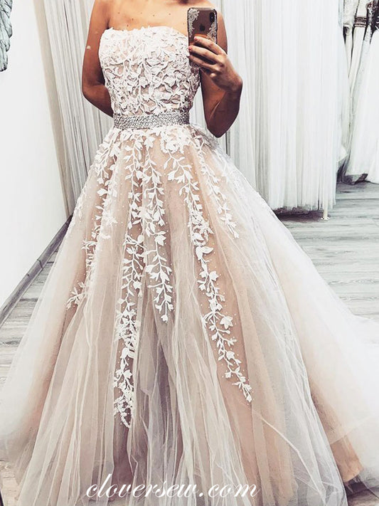 Ivory Lace Applique Bead Strapless A-line Prom Dresses ,CP0360