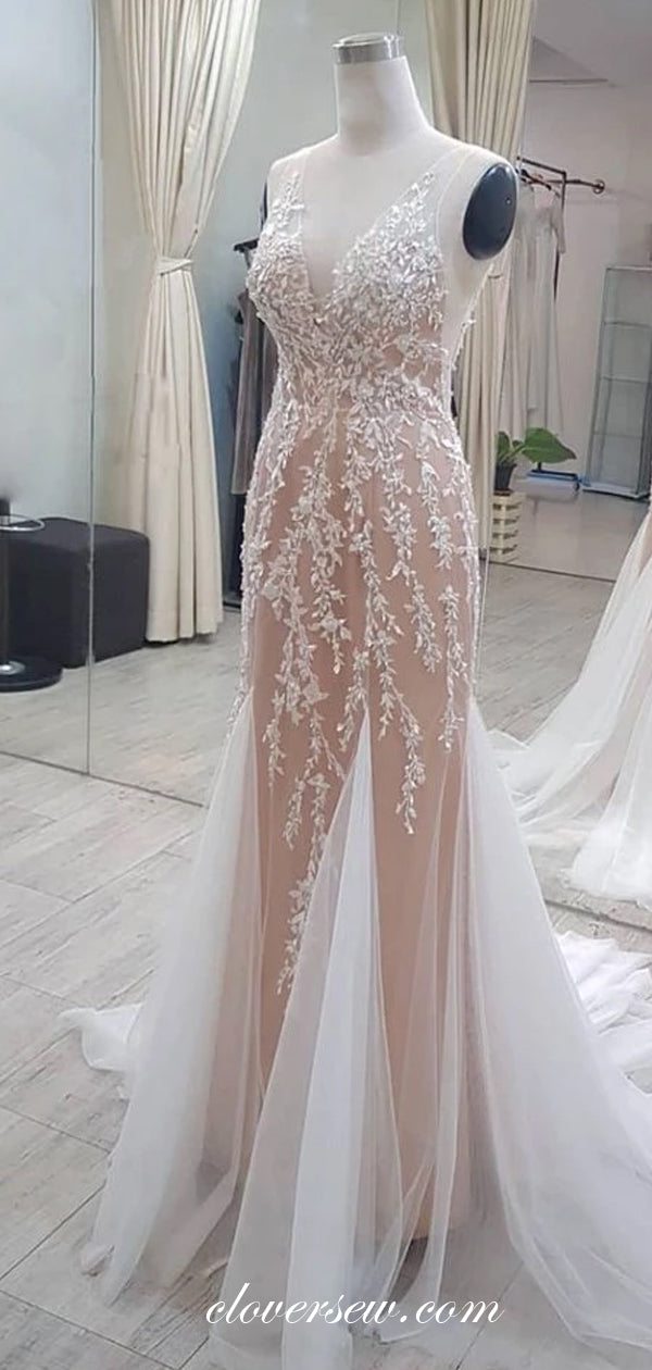 Ivory Lace Applique Nude Lining Spagehtti Strap Prom Dresses ,CP0303