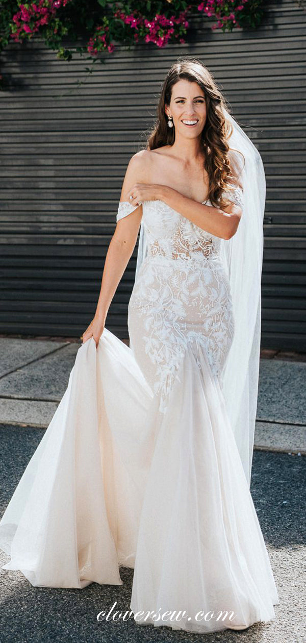 Ivory Lace Applique Tulle Nude Lining Off The Shoulder Mermaid Wedding Dresses , CW0044