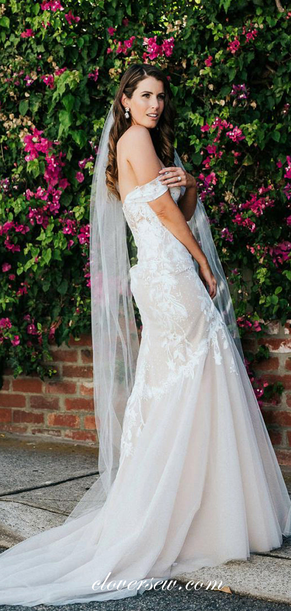 Ivory Lace Applique Tulle Nude Lining Off The Shoulder Mermaid Wedding Dresses , CW0044