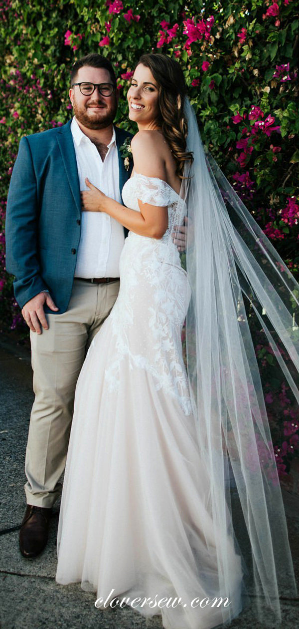 Ivory Lace Applique Tulle Nude Lining Off The Shoulder Mermaid Wedding Dresses , CW0044