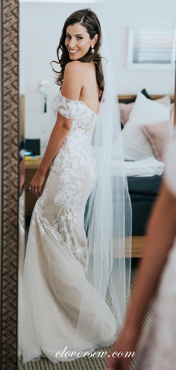 Ivory Lace Applique Tulle Nude Lining Off The Shoulder Mermaid Wedding Dresses , CW0044