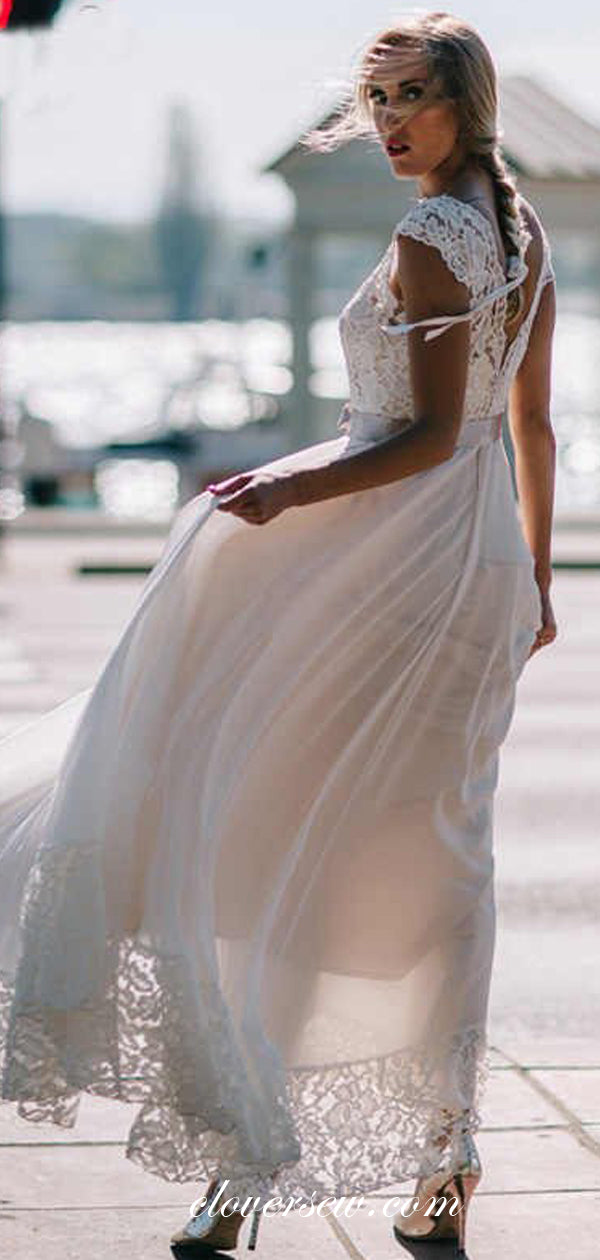 Ivory Lace Chiffon Cap Sleeves A-line Boho Wedding Dresses,CW0103 clover sew Ivory Lace Chiffon Cap Sleeves A-line Boho Wedding Dresses,CW0103 clover sew