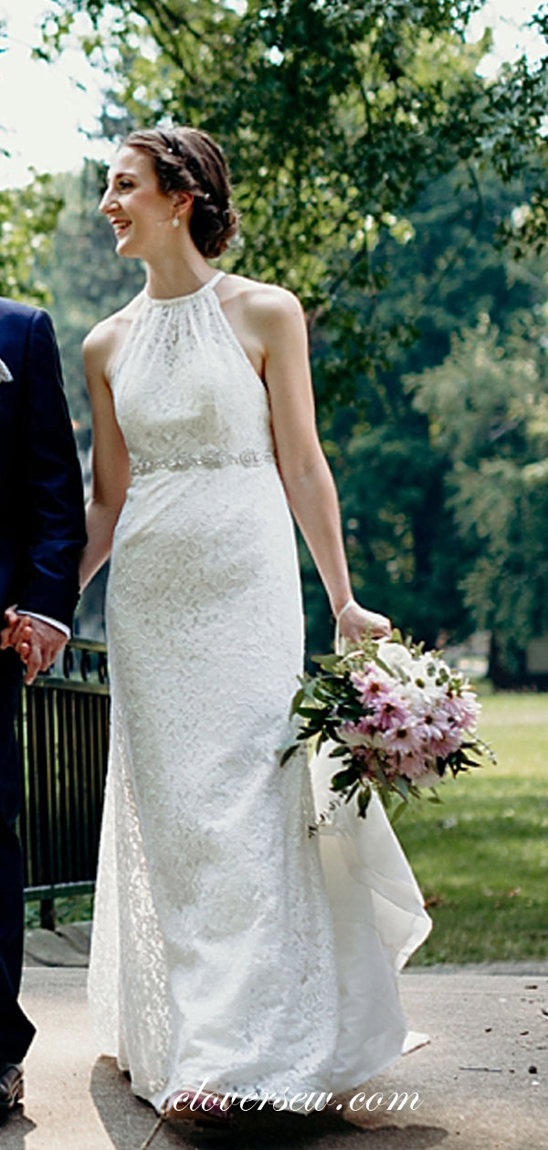 Ivory Lace Halter Column Sweep Train Vintage Wedding Dresses, CW0010