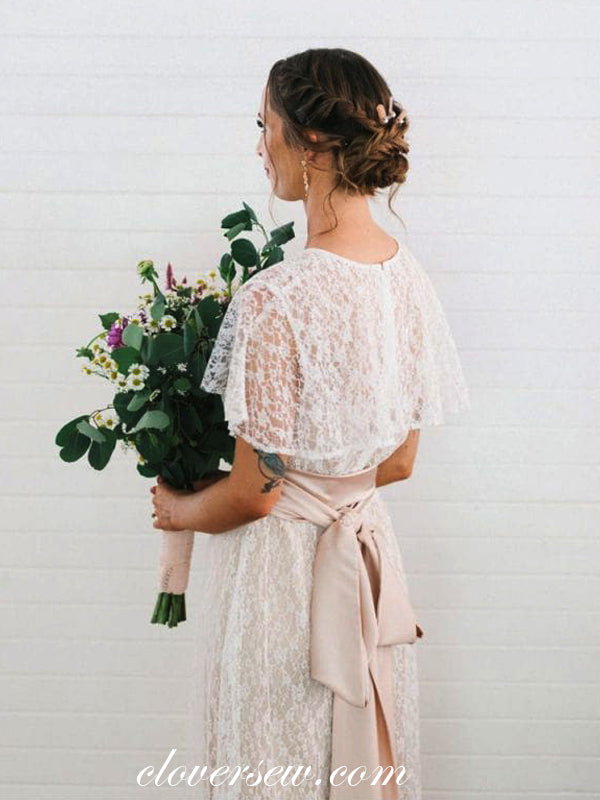 Ivory Lace Round Neck Shawl A-line Boho Wedding Dresses, CW0022 clover sew Ivory Lace Round Neck Shawl A-line Boho Wedding Dresses, CW0022 clover sew