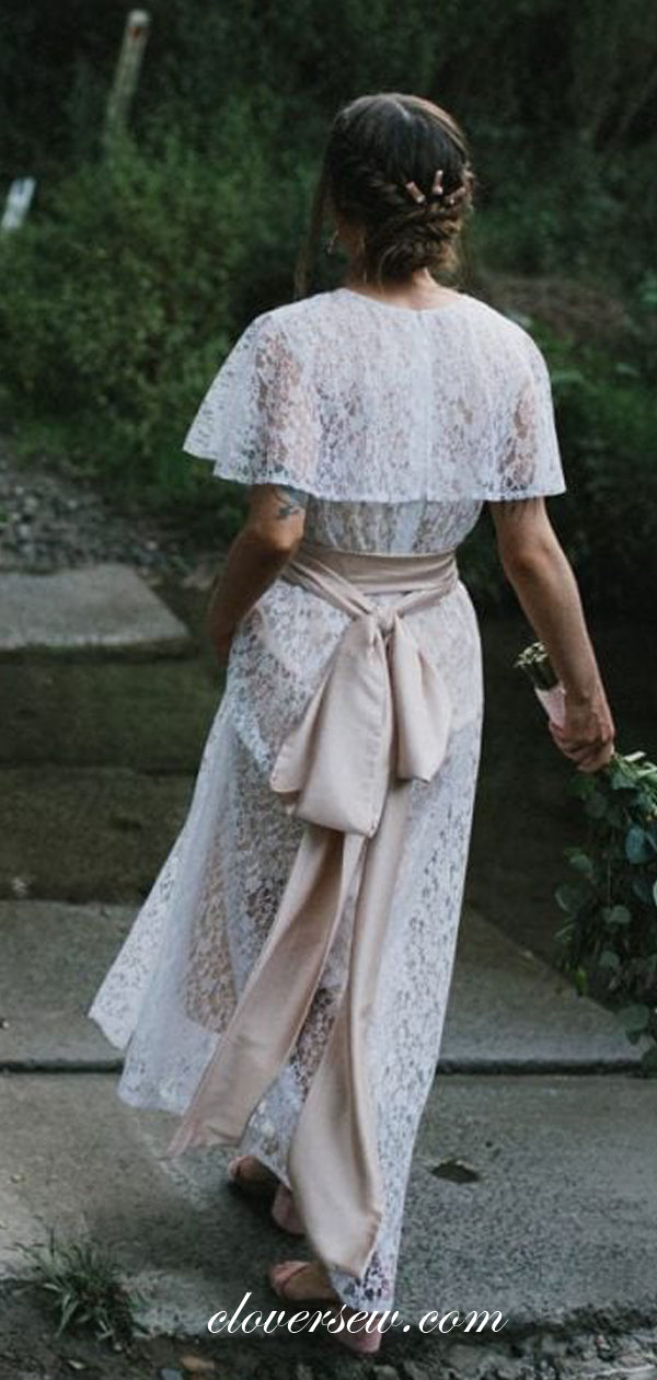 Ivory Lace Round Neck Shawl A-line Boho Wedding Dresses, CW0022