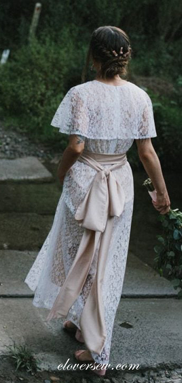 Ivory Lace Round Neck Shawl A-line Boho Wedding Dresses, CW0022 Ivory Lace Round Neck Shawl A-line Boho Wedding Dresses, CW0022