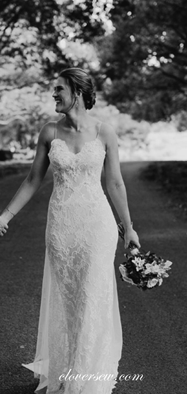 Ivory Lace See Through Top Spaghetti Strap Column Wedding Dresses, CW0 clover sew Ivory Lace See Through Top Spaghetti Strap Column Wedding Dresses, CW0 clover sew