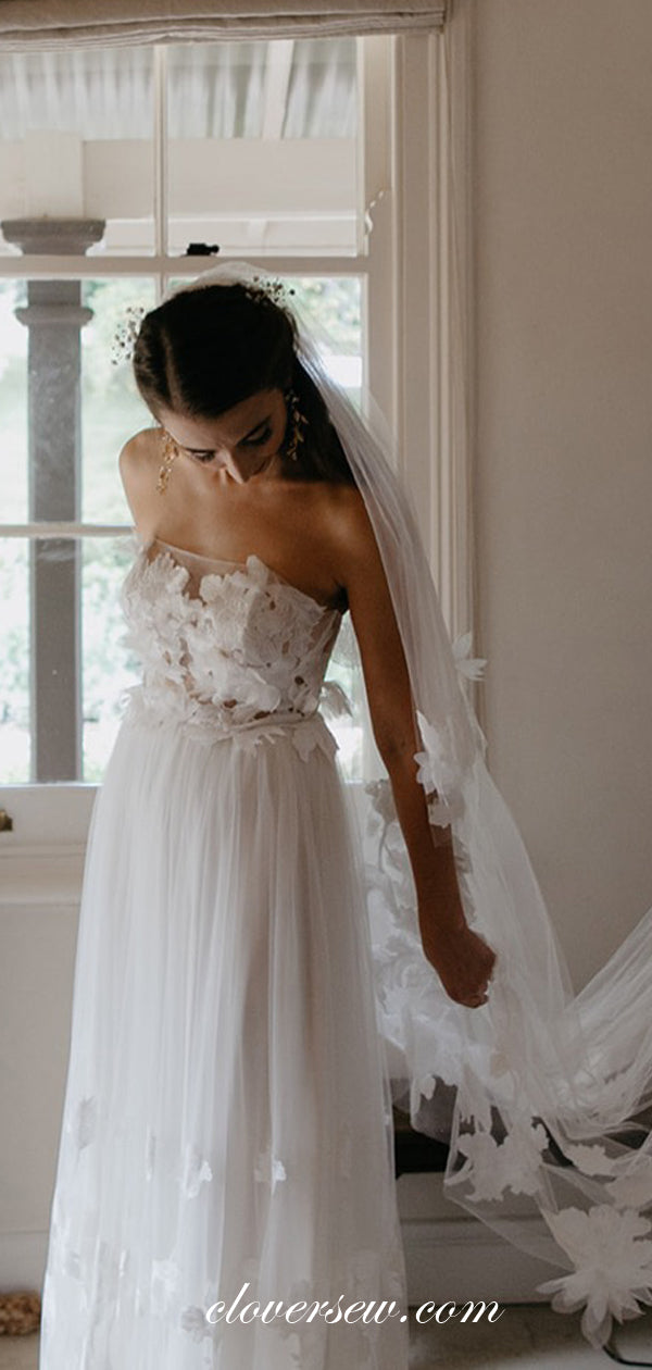 Ivory Tulle Floral Lace Strapless Column Elegant Wedding Dresses, CW0021