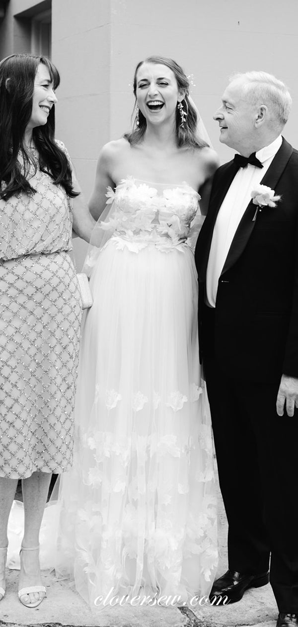 Ivory Tulle Floral Lace Strapless Column Elegant Wedding Dresses, CW0021