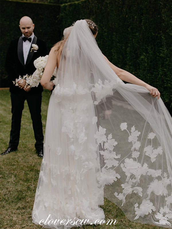 Ivory Tulle Floral Lace Strapless Column Elegant Wedding Dresses, CW0021