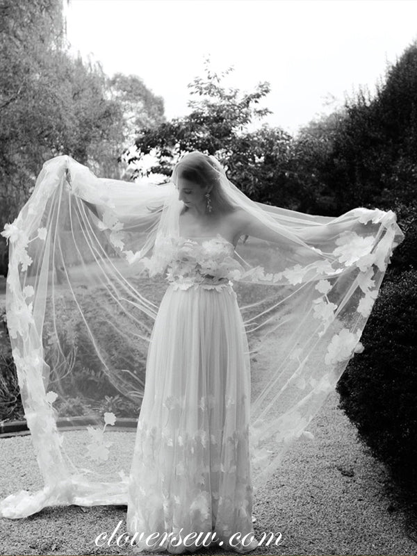 Ivory Tulle Floral Lace Strapless Column Elegant Wedding Dresses, CW0021