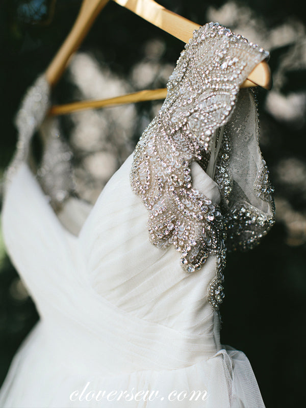 Ivory Tulle Silver Beaded Wide Strap Open Back Ruffles A-line Wedding Dresses , CW0037 Ivory Tulle Silver Beaded Wide Strap Open Back Ruffles A-line Wedding Dresses , CW0037