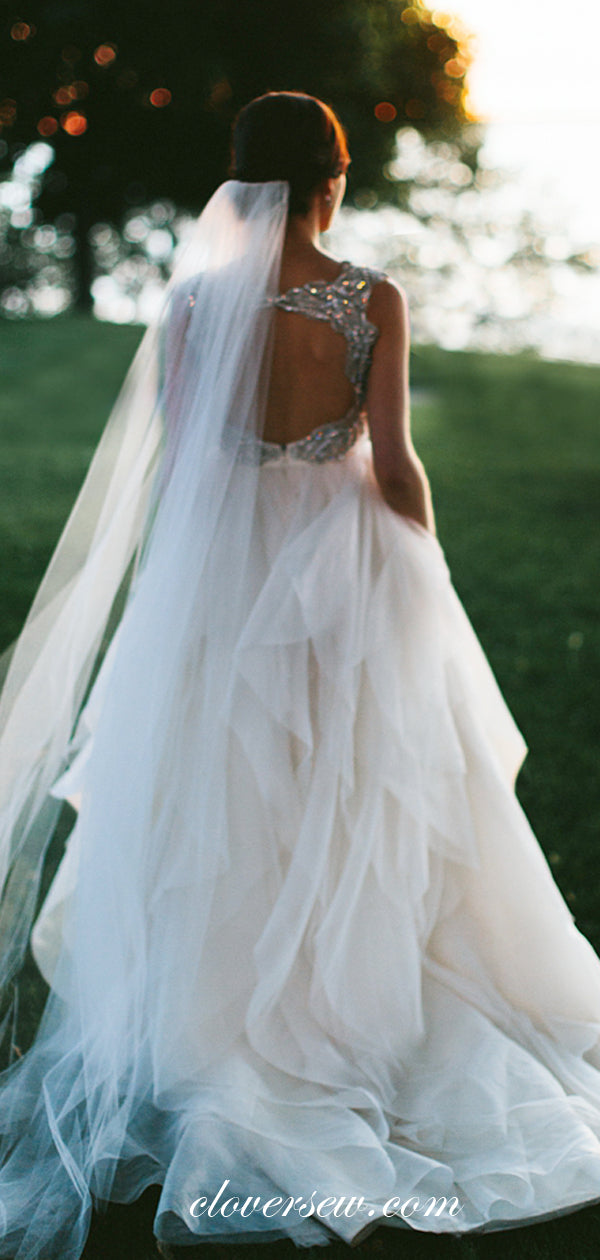 Ivory Tulle Silver Beaded Wide Strap Open Back Ruffles A-line Wedding Dresses , CW0037