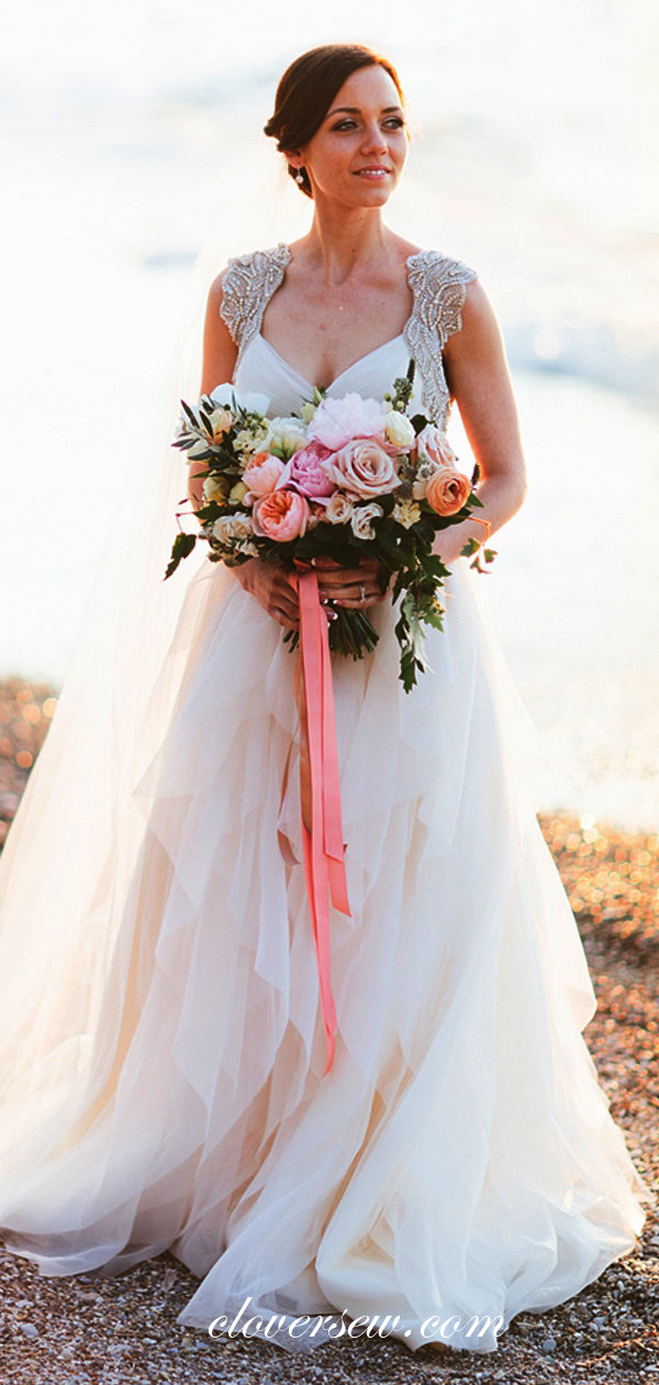 Ivory Tulle Silver Beaded Wide Strap Open Back Ruffles A-line Wedding Dresses , CW0037