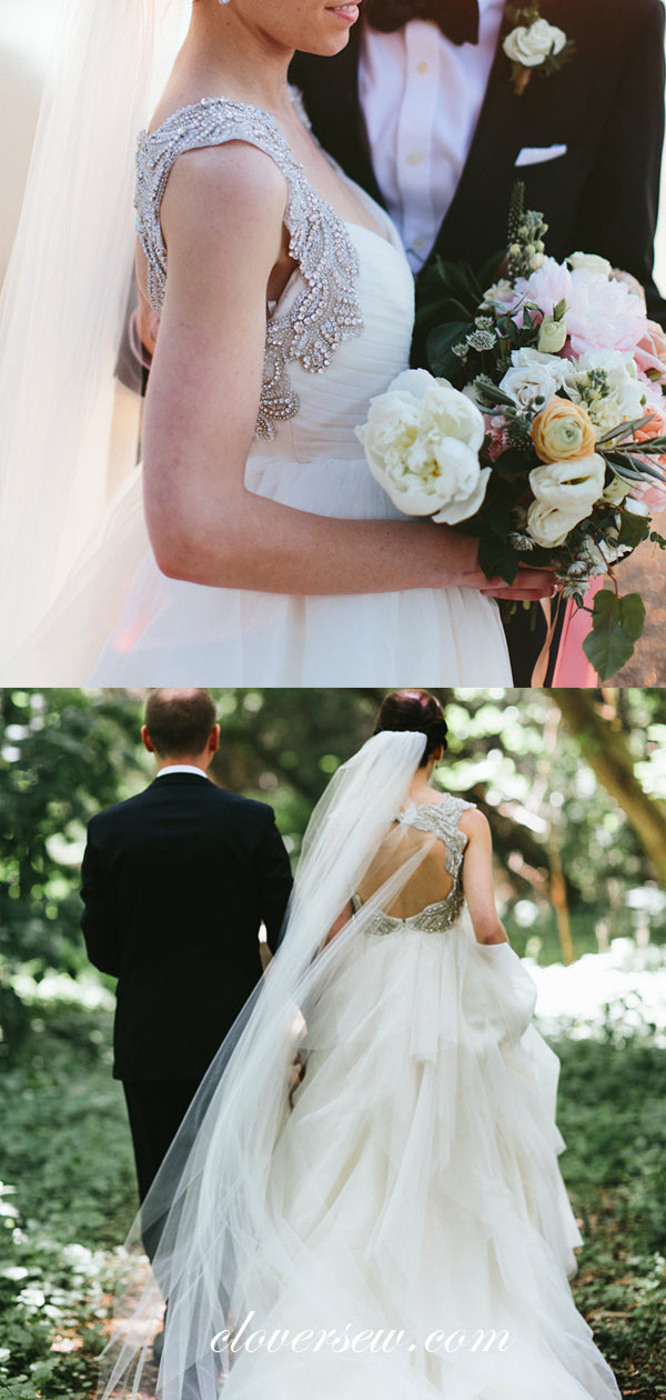Ivory Tulle Silver Beaded Wide Strap Open Back Ruffles A-line Wedding Dresses , CW0037