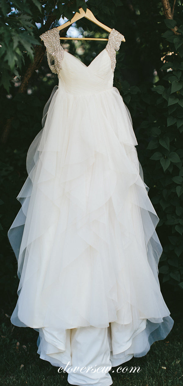 Ivory Tulle Silver Beaded Wide Strap Open Back Ruffles A-line Wedding Dresses , CW0037