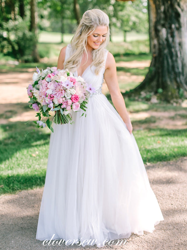 Ivory Tulle Sparkly Beaded Open Back A-line Wedding Dresses , CW0042