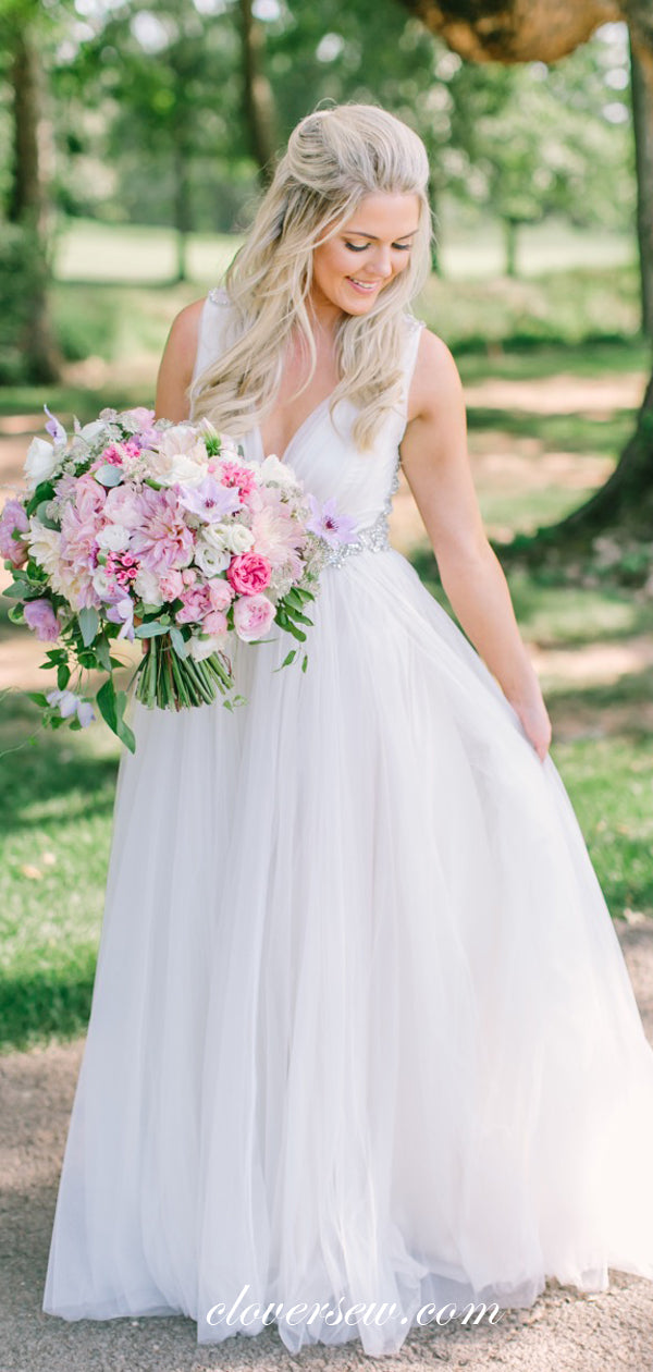 Ivory Tulle Sparkly Beaded Open Back A-line Wedding Dresses , CW0042