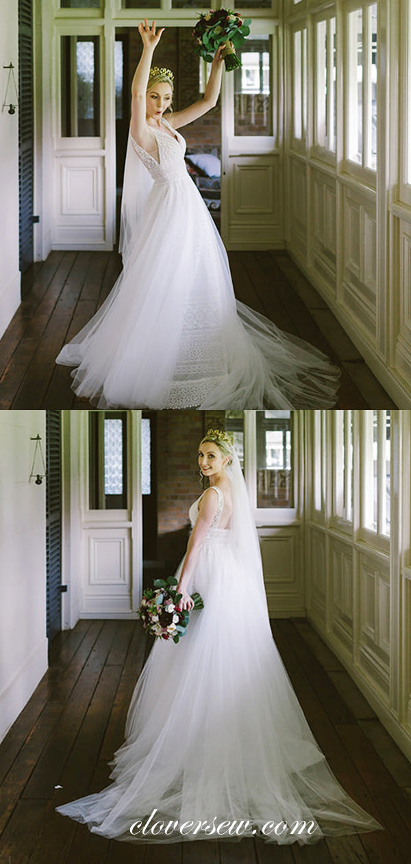 Ivory Unqiue Lace V-neck Convertible Detachable A-line Wedding Dresses, CW0049