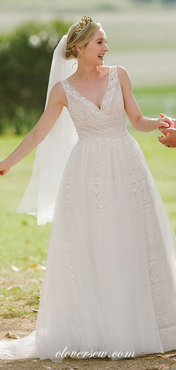 Ivory Unqiue Lace V-neck Convertible Detachable A-line Wedding Dresses, CW0049